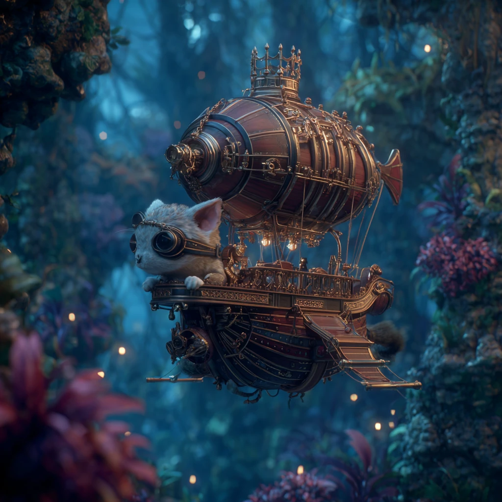 Steampunk-Eichhörnchen steuert ein schachinspiriertes Luftschiff
