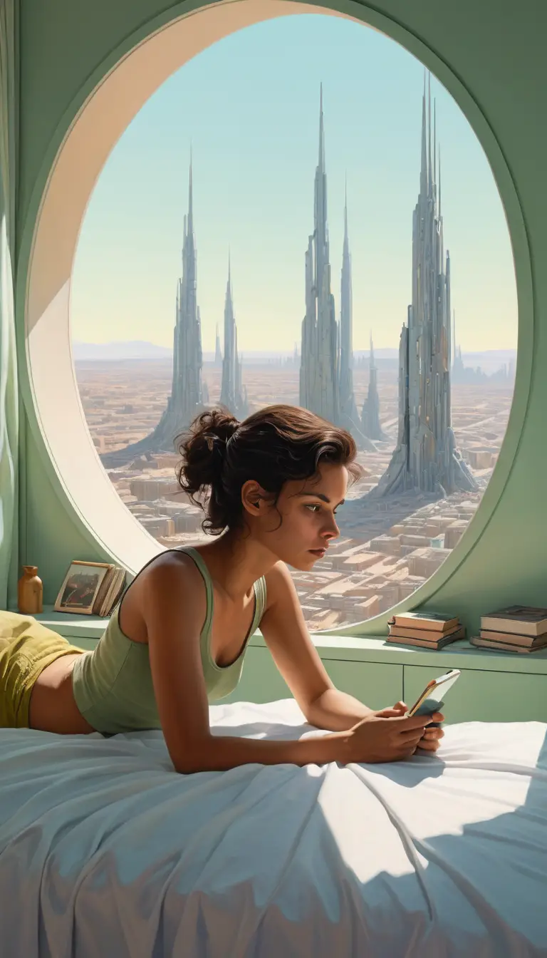 Young woman on bed in a retro futuristic city room