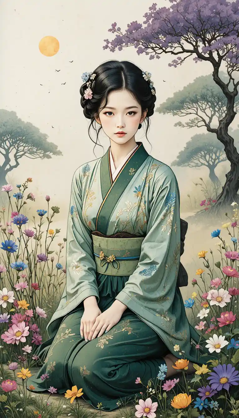 Young woman in kimono kneeling in a sunlit meadow