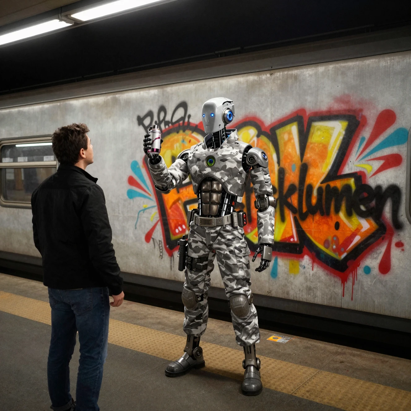 薄暗い駅でグラフィティを見つめる未来的なロボット