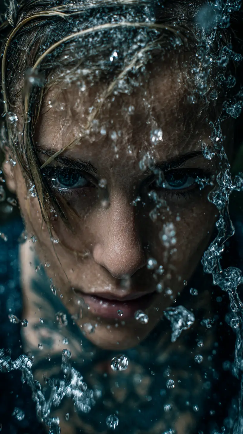 Top down macro portrait of woman in waterfall