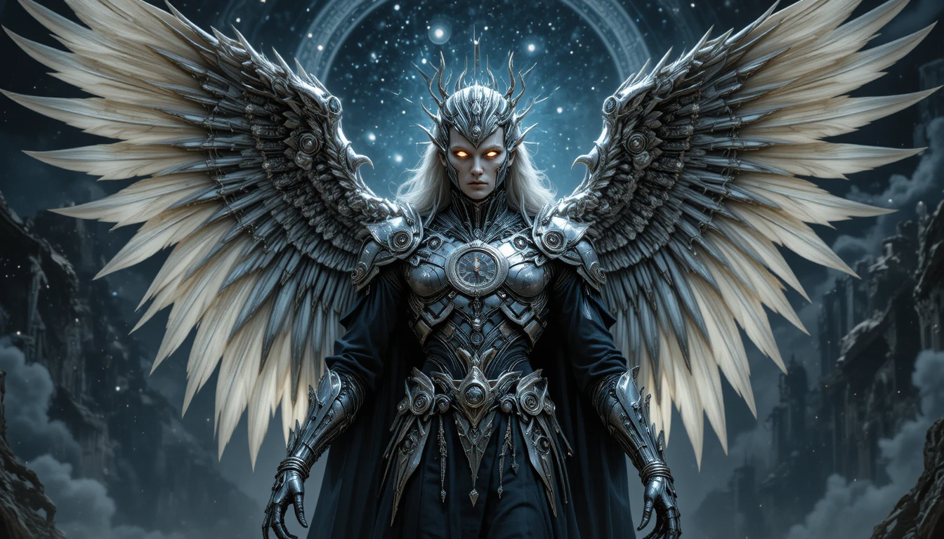 Chrome winged angel before swirling cosmic galaxies