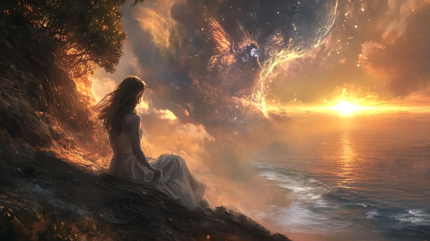 Woman Sitting On Cliff Watching Sunrise Over Ocean