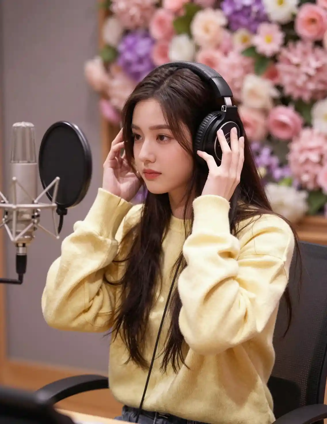Young woman recording in a cozy floral studio