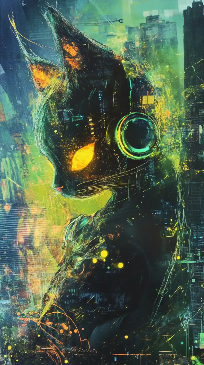 Cyberpunk-Katze mit Kopfhörern auf einem Neon-Stadtdach