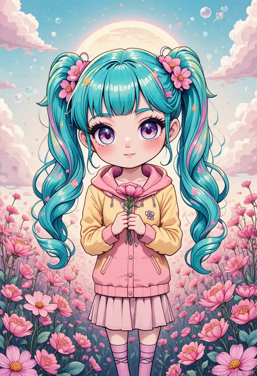 Kawaii girl with teal hair in a field of pink flowers