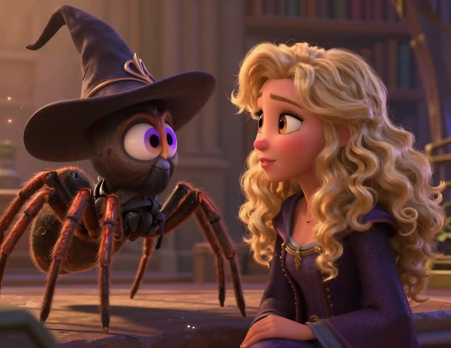 Woman Conversing With Wizard Spider In Moonlit Forest