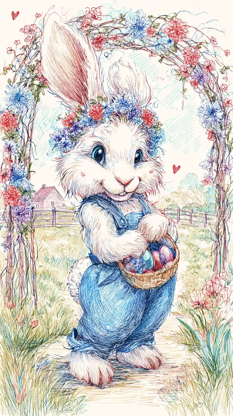 Cute rabbit with easter eggs in a flower wreath
