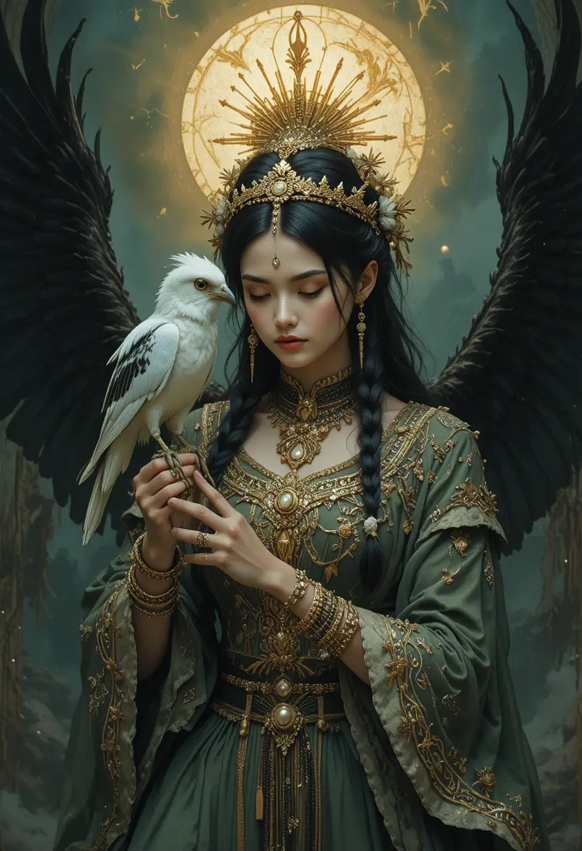 Dark fantasy princess with white raven and glowing halo