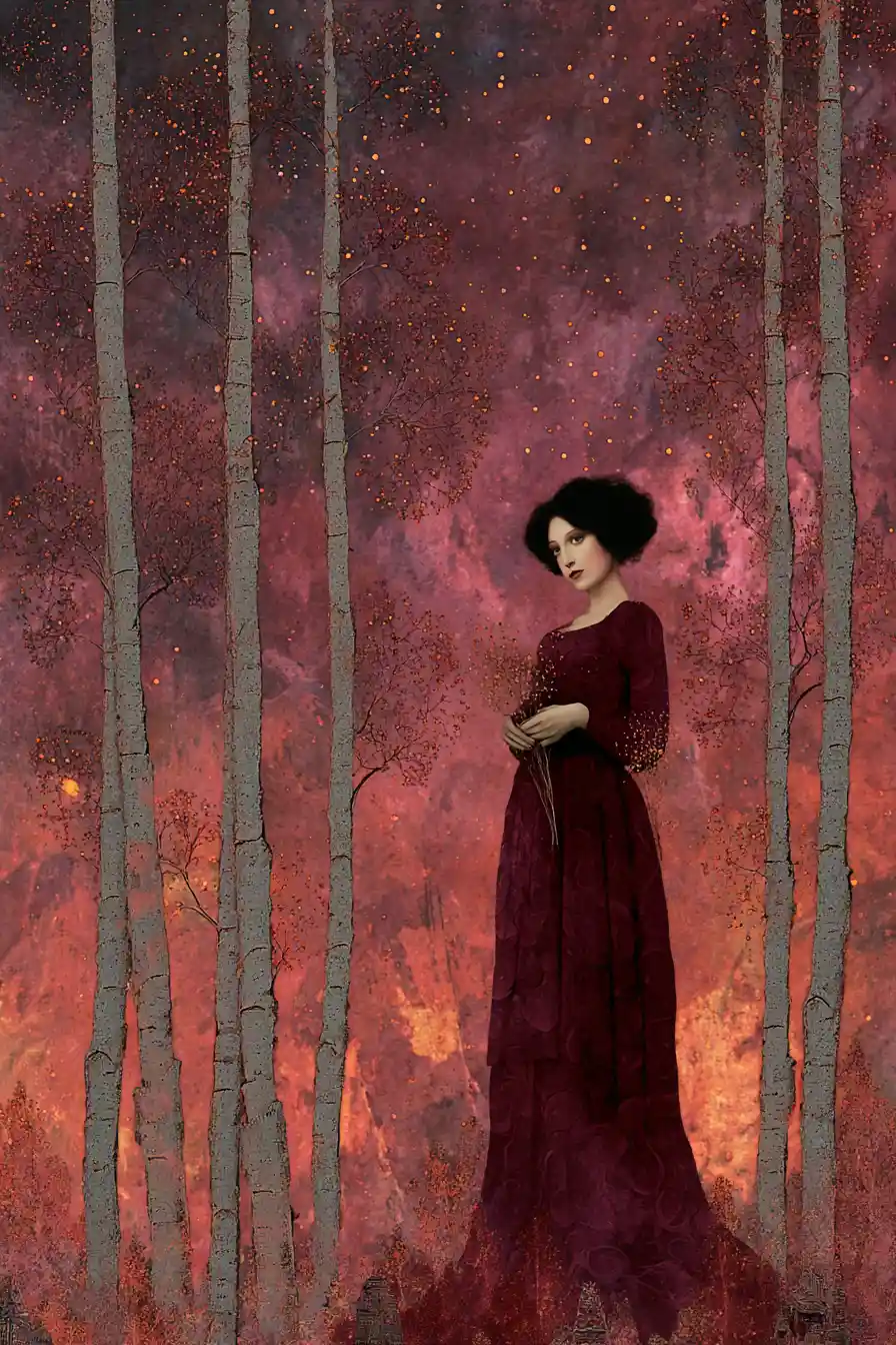 Ethereal Woman Of Starlight In A Birch Forest Sky