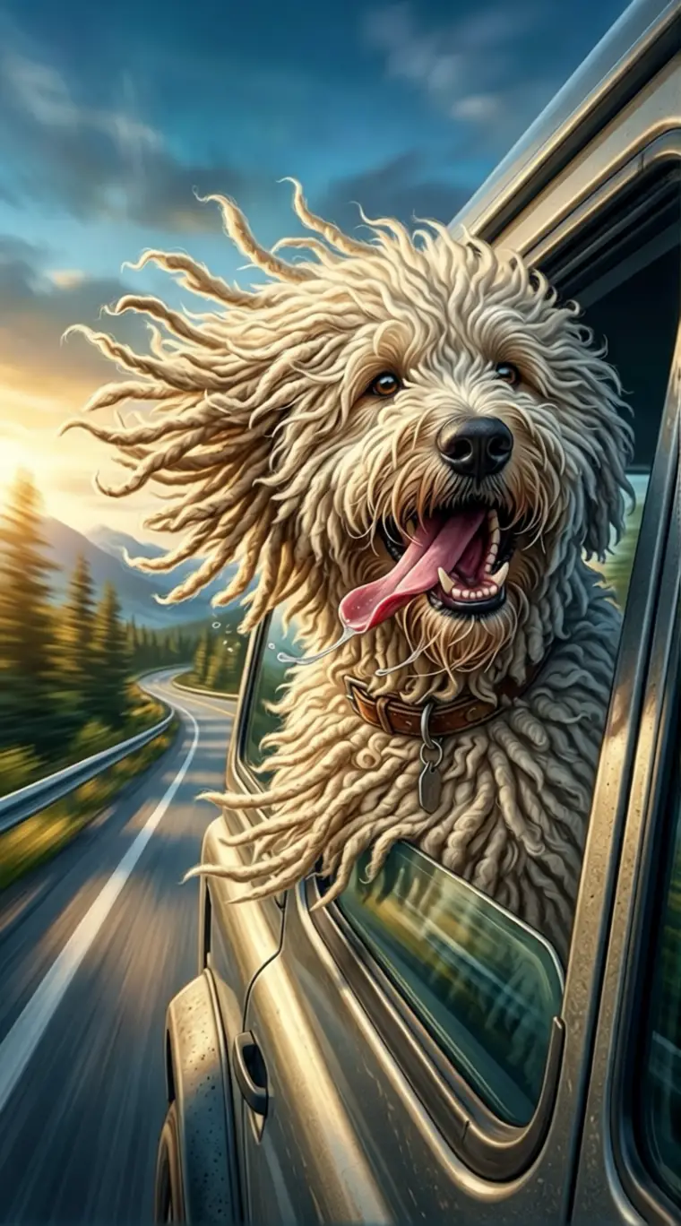 Joyful komondor dog enjoying wind from car window