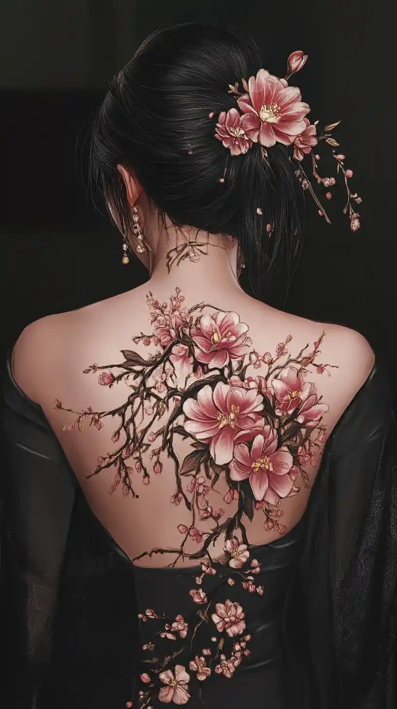 Elegant anime woman with floral back tattoo and obi belt