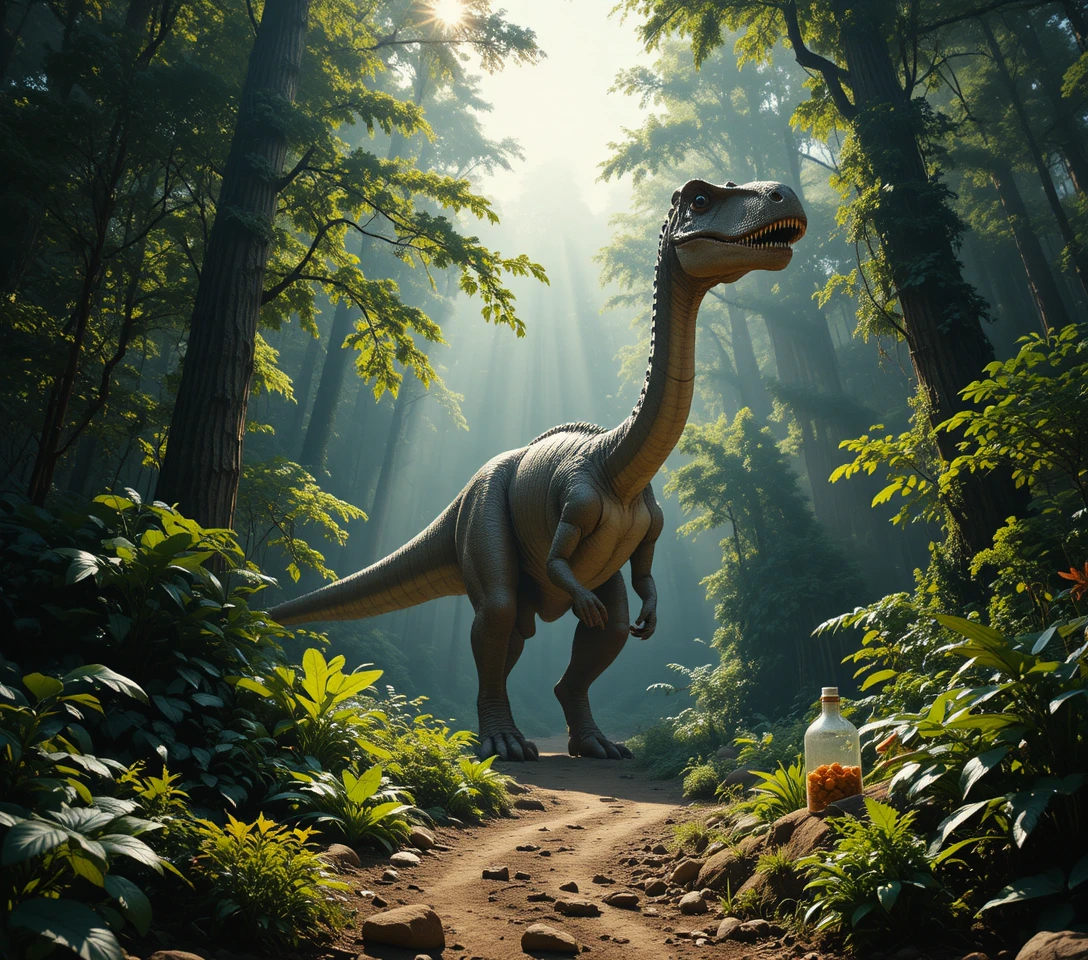 Filmischer Dinosaurier wandert durch üppigen prähistorischen Wald
