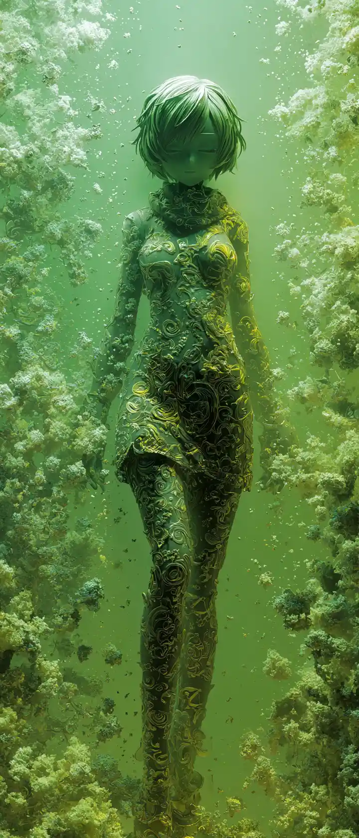 Anime woman dissolving into emerald green mist