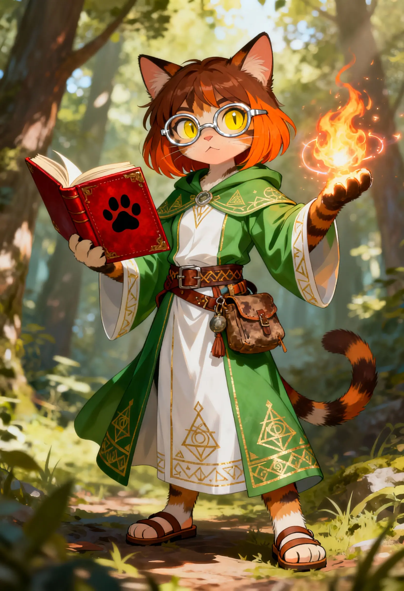 Anime tabaxi mage casting fire spell in forest