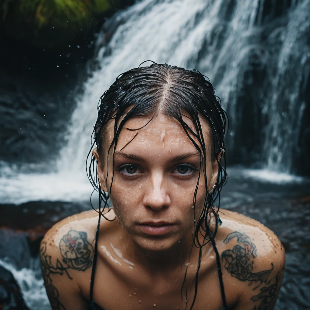 Top-Down-Makro-Porträt einer tätowierten Frau im Wasserfall