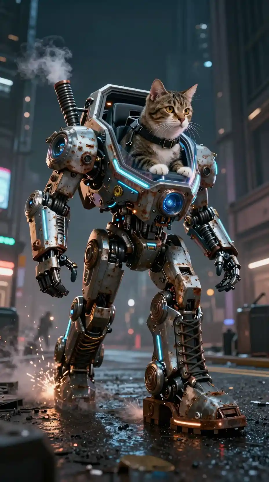 Gatto tigrato che pilota un gigantesco stivale meccanico cyberpunk di notte