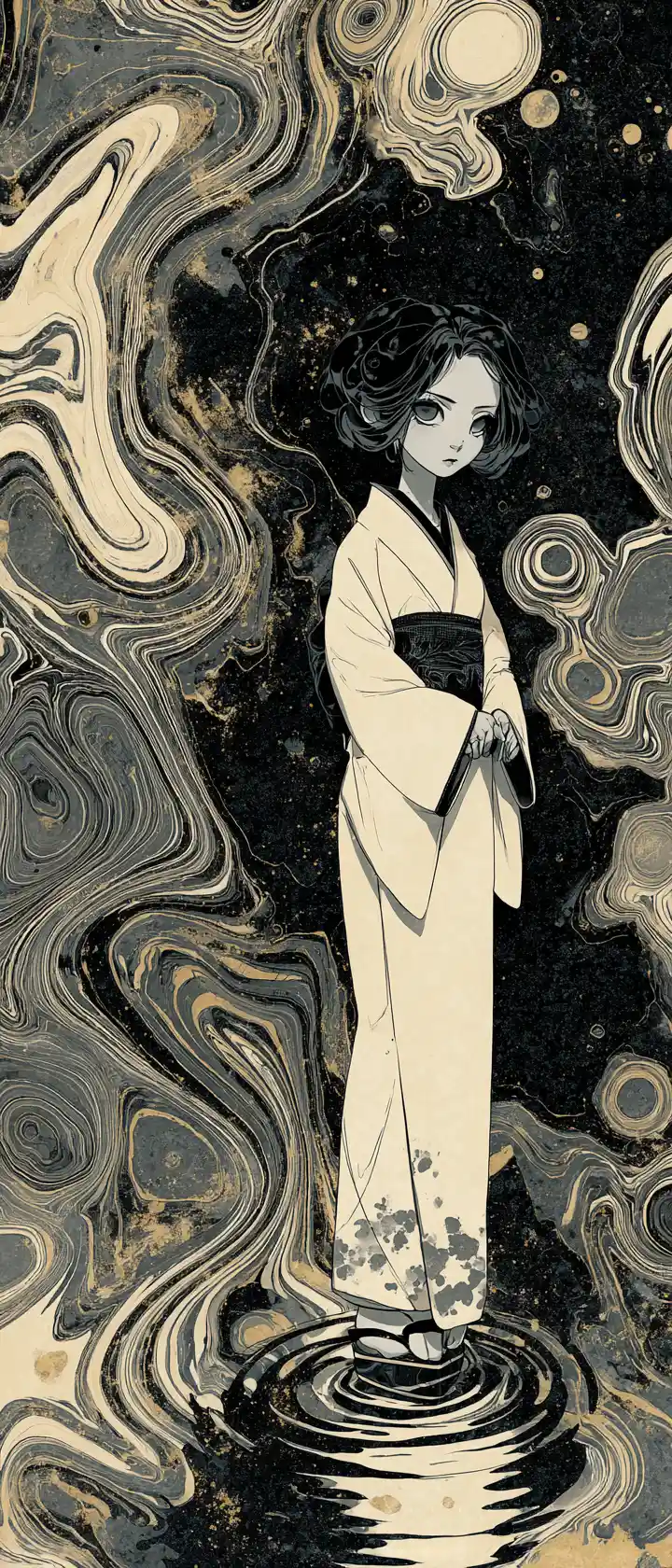 Anime woman in monochrome kimono with swirling black ink