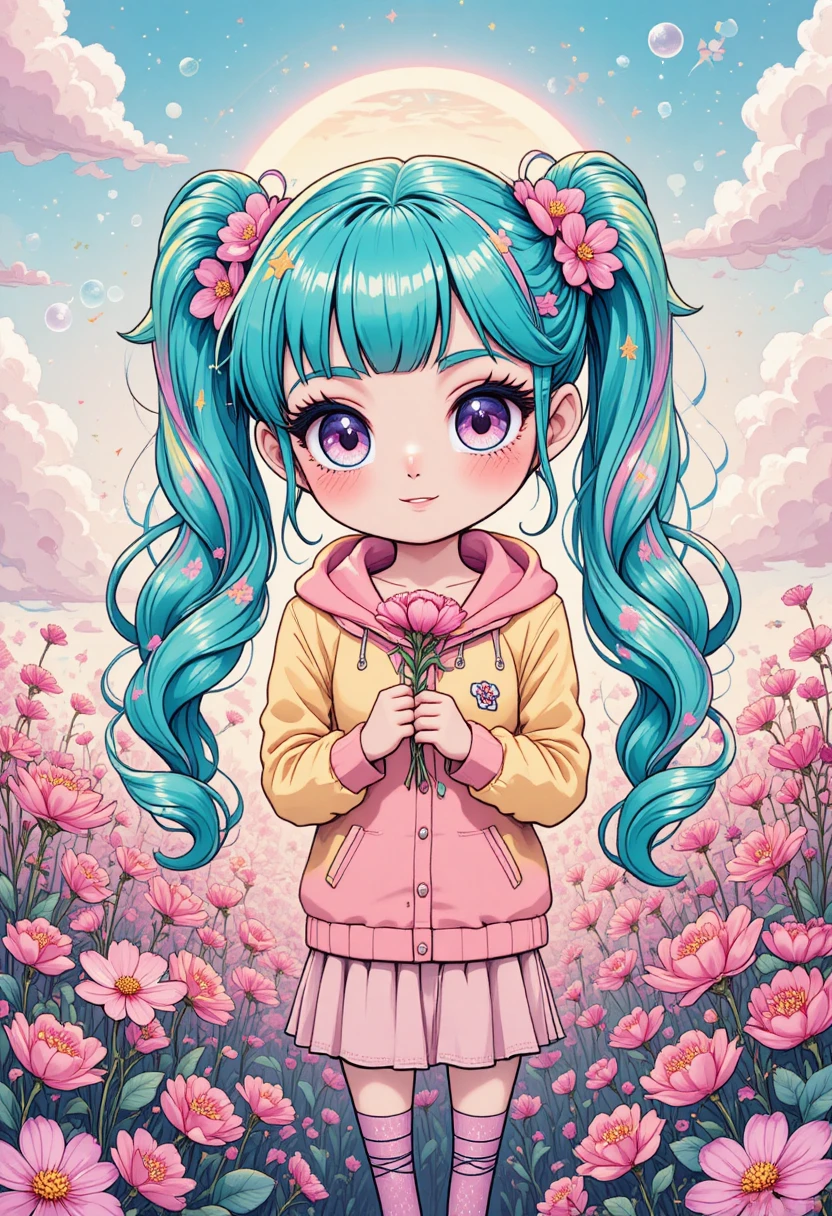 Kawaii girl with teal hair in a field of pink flowers