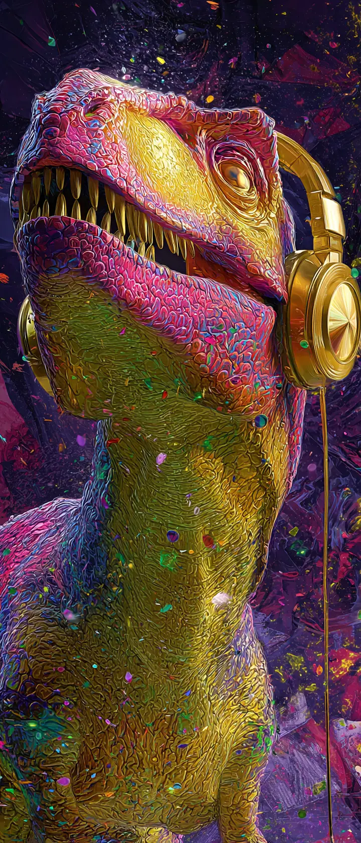 Colorful T Rex Dancing With Golden Headphones In Jungle