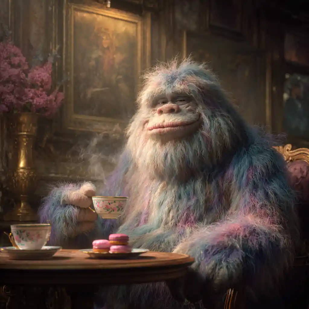 Anthropomorphic yeti enjoying tea in a victorian room