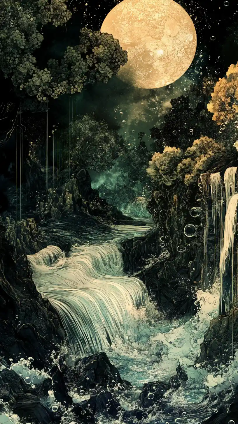 Surreal underwater forest with flowing water and rising bubbles