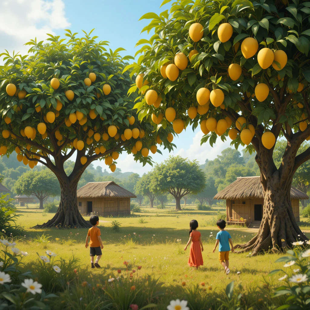 Bambini che giocano sotto gli alberi di mango in un soleggiato frutteto del villaggio