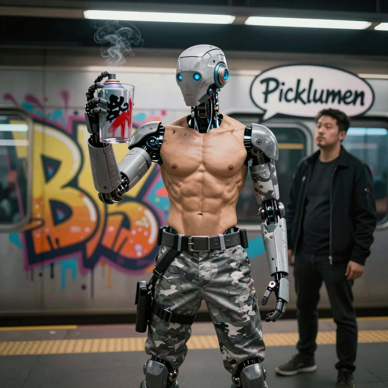 Futuristic robot with six pack in dim train station
