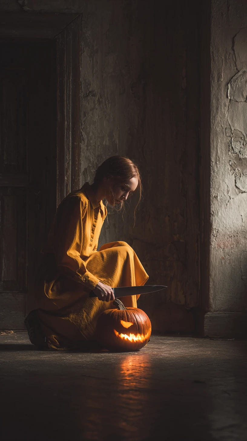 Donna con coltello accanto a una zucca luminosa in stanza rustica