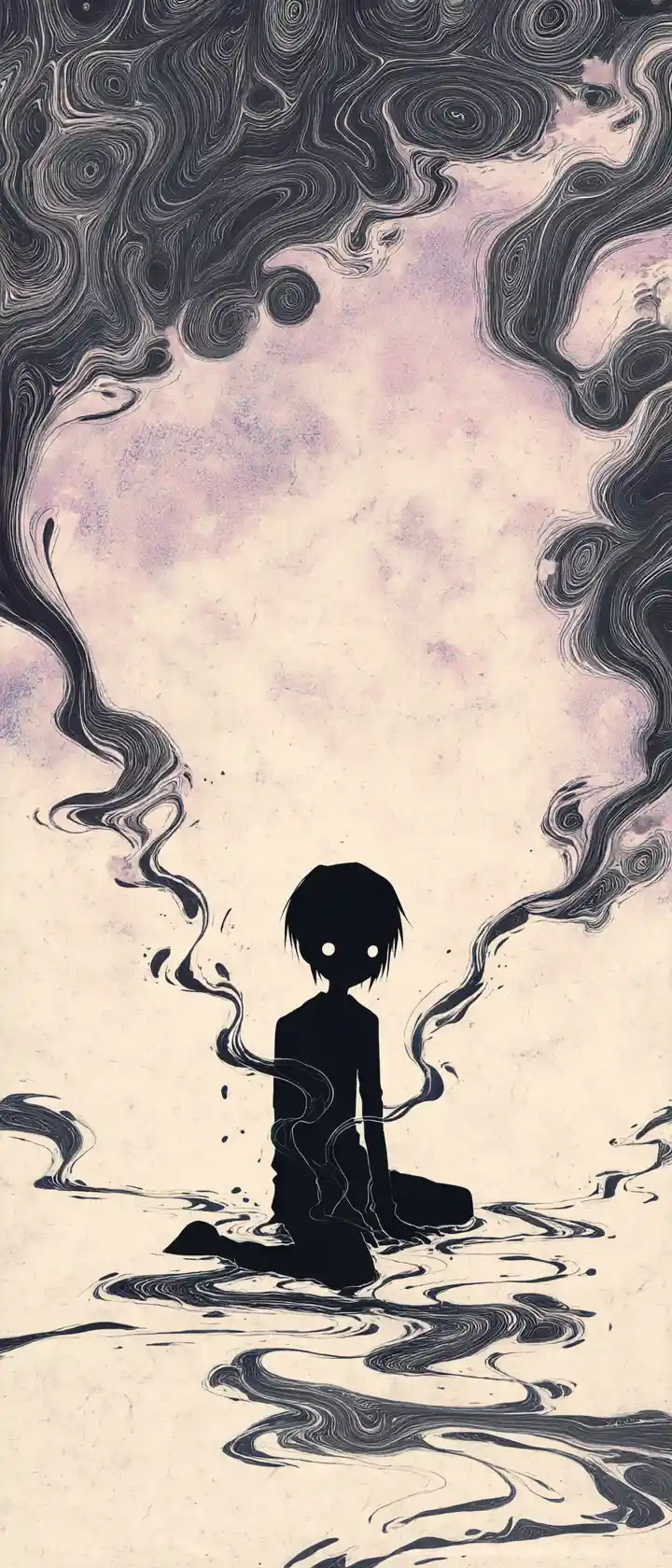 Anime woman kneeling on vast paper plane in ink