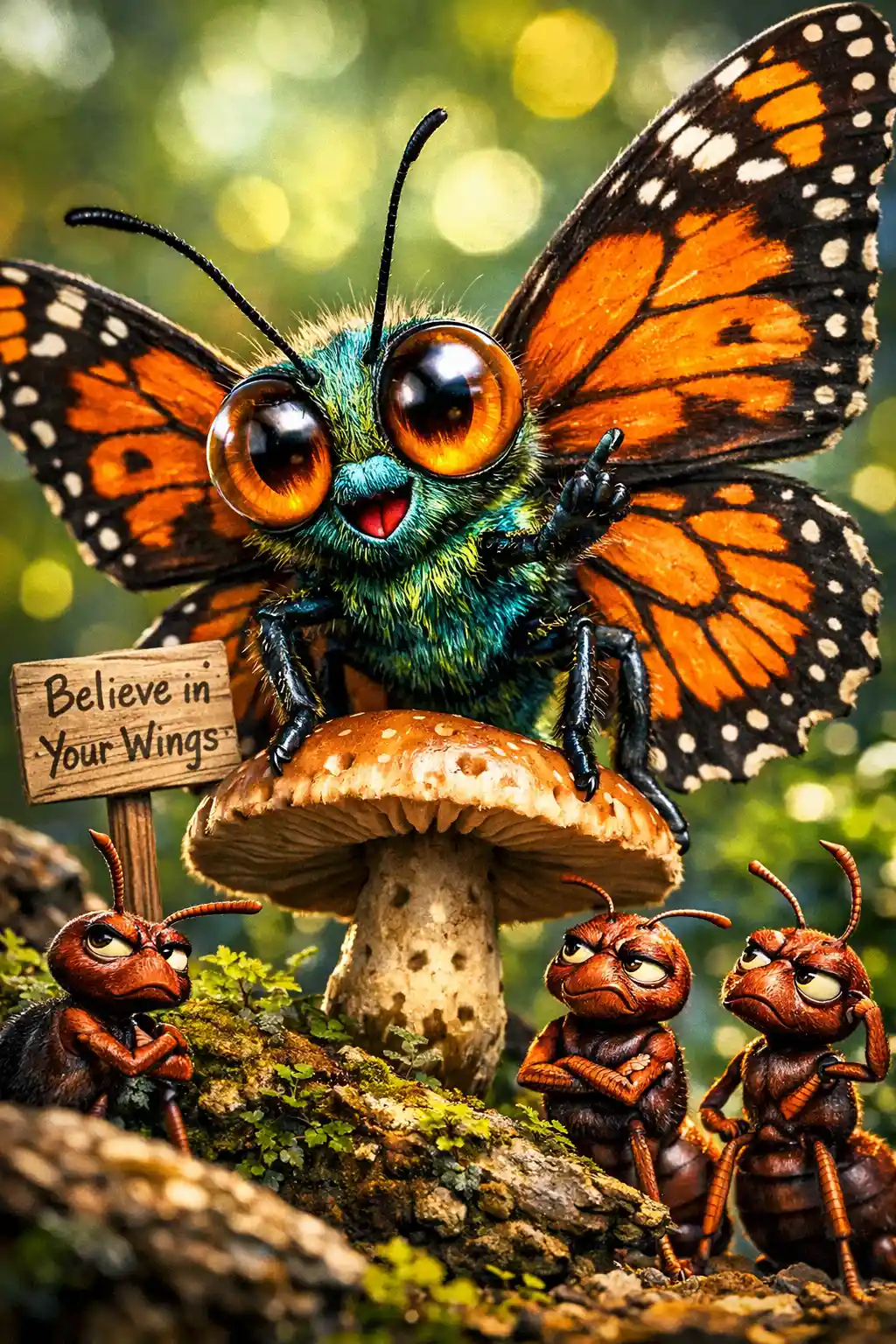 Fantasy butterfly close up on mushroom with tiny forest scene