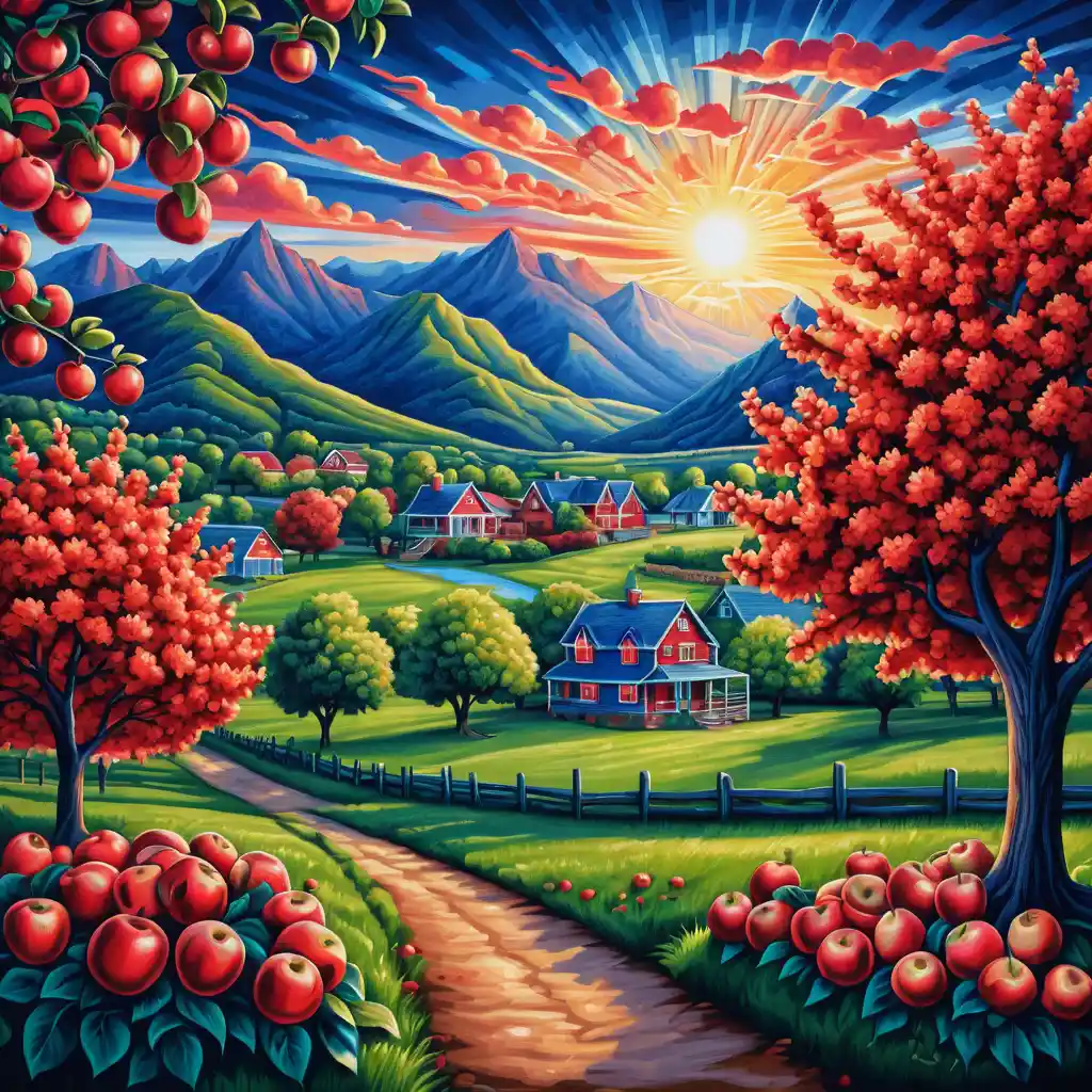 Summer apple orchard at sunrise in colored pencil style