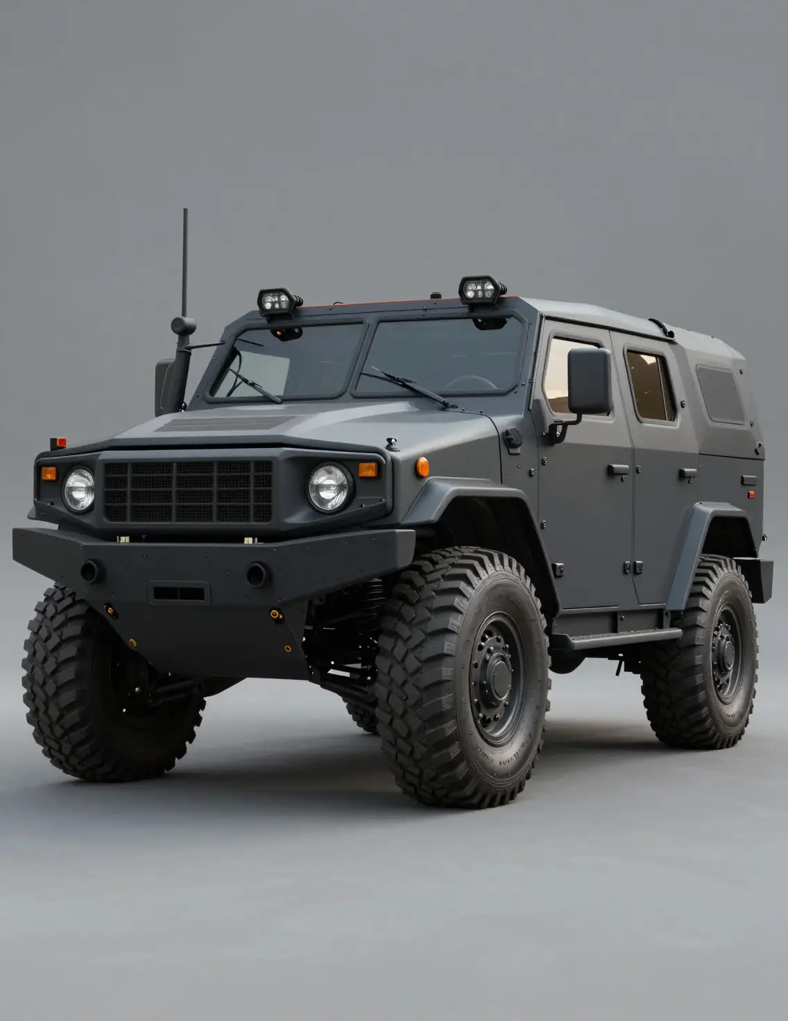 Heavy duty military vehicle on neutral gray studio background