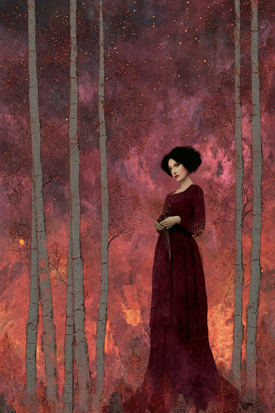 Ethereal Woman Of Starlight In A Birch Forest Sky