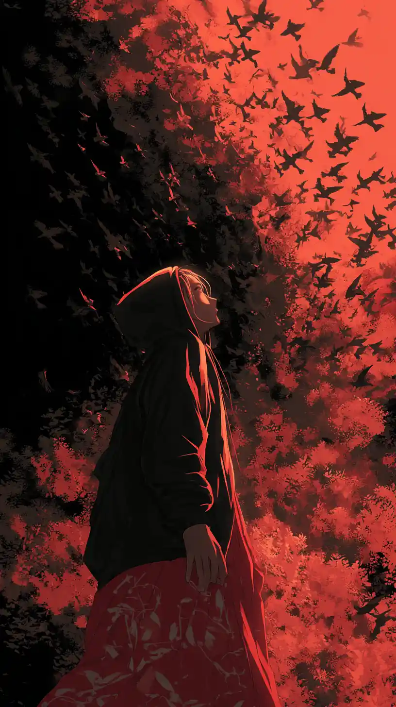Woman in red dress gazing toward a luminous red sky