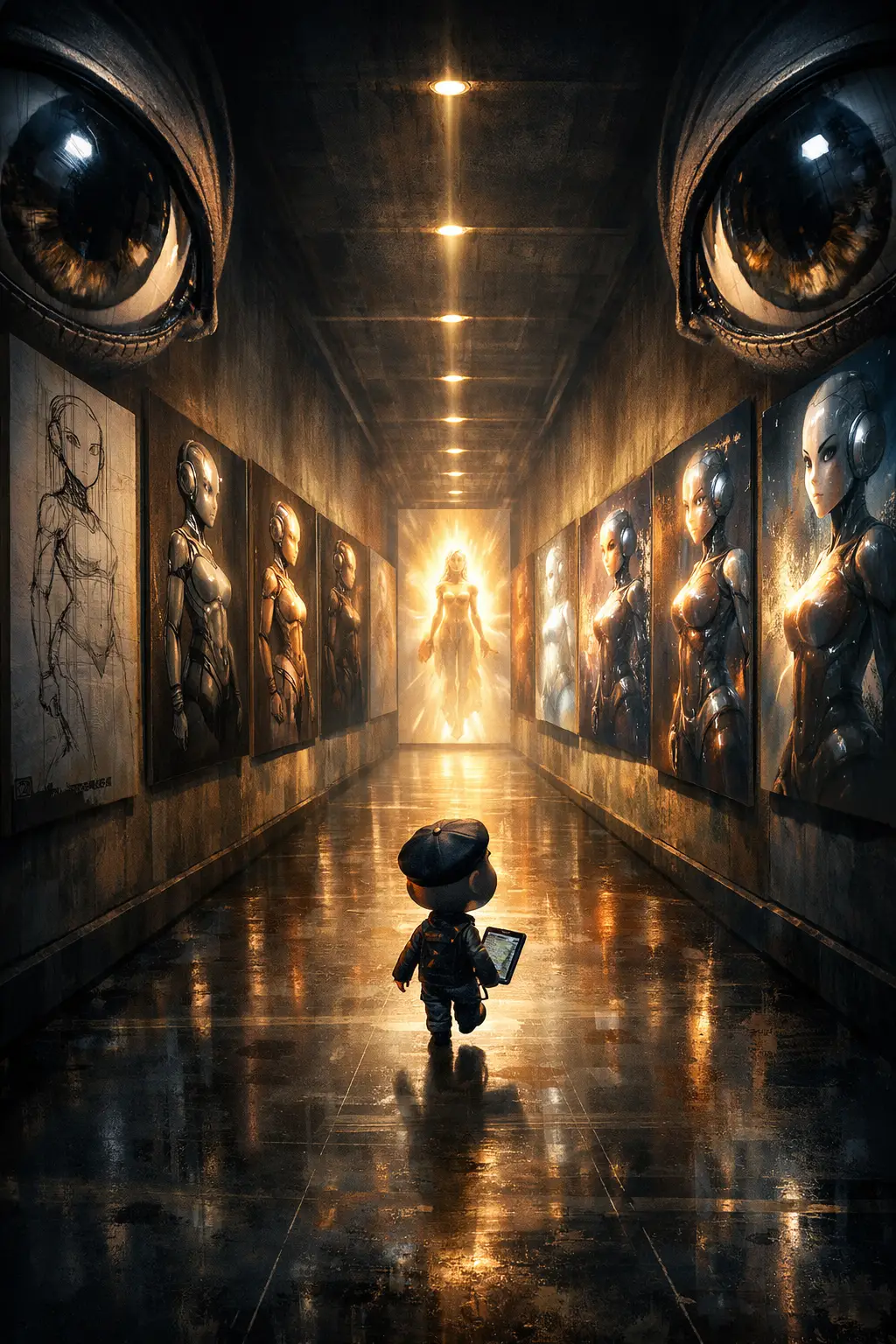 Artista de IA surreal caminando por un pasillo de obras en constante evolución