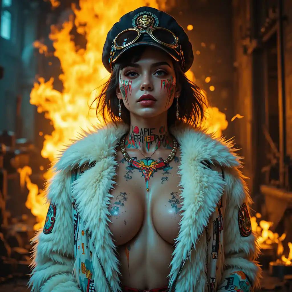 Cyberpunk woman in flames within a burning industrial scene