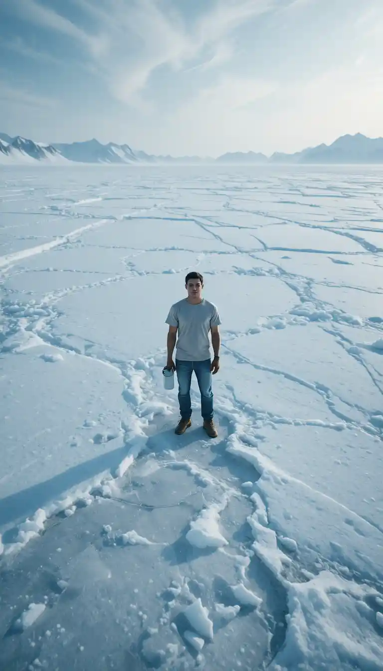 Worker on flat icy greenland terrain seen from above