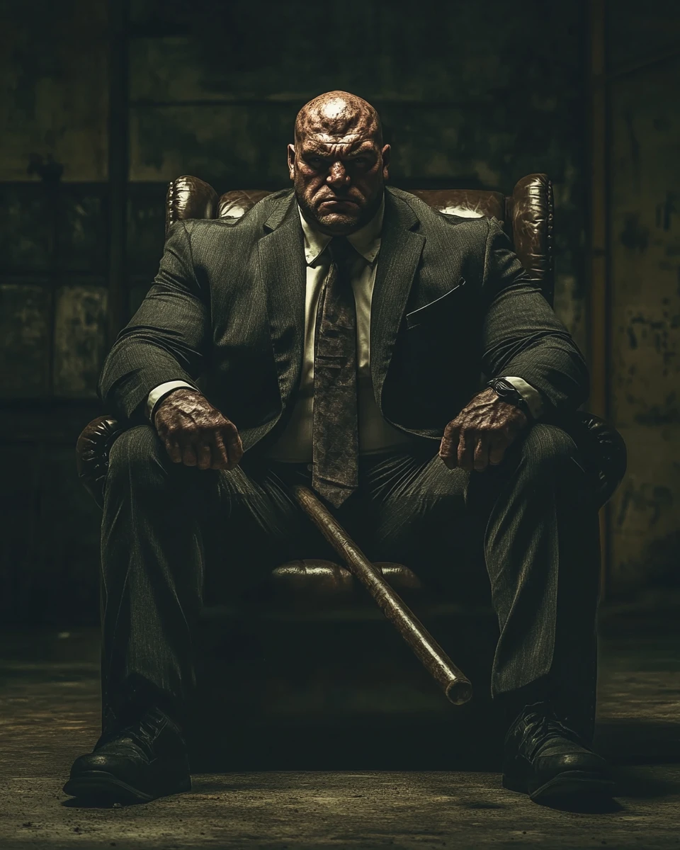 Boss criminale bulldog su un trono in un magazzino oscuro
