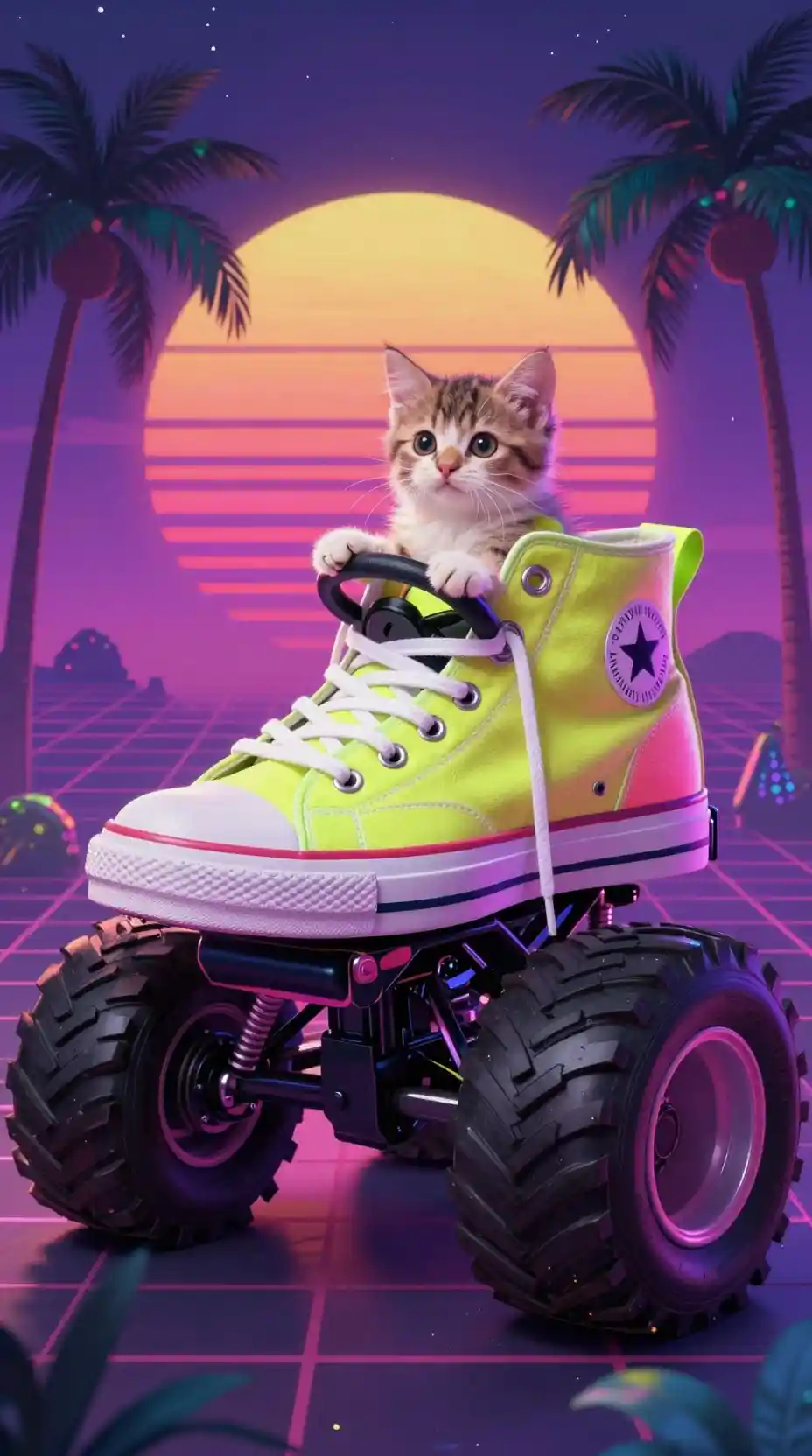 Tiny kitten driving a neon sneaker monster truck