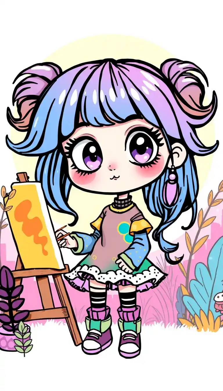 Colorful fantasy girl painting happily at her easel