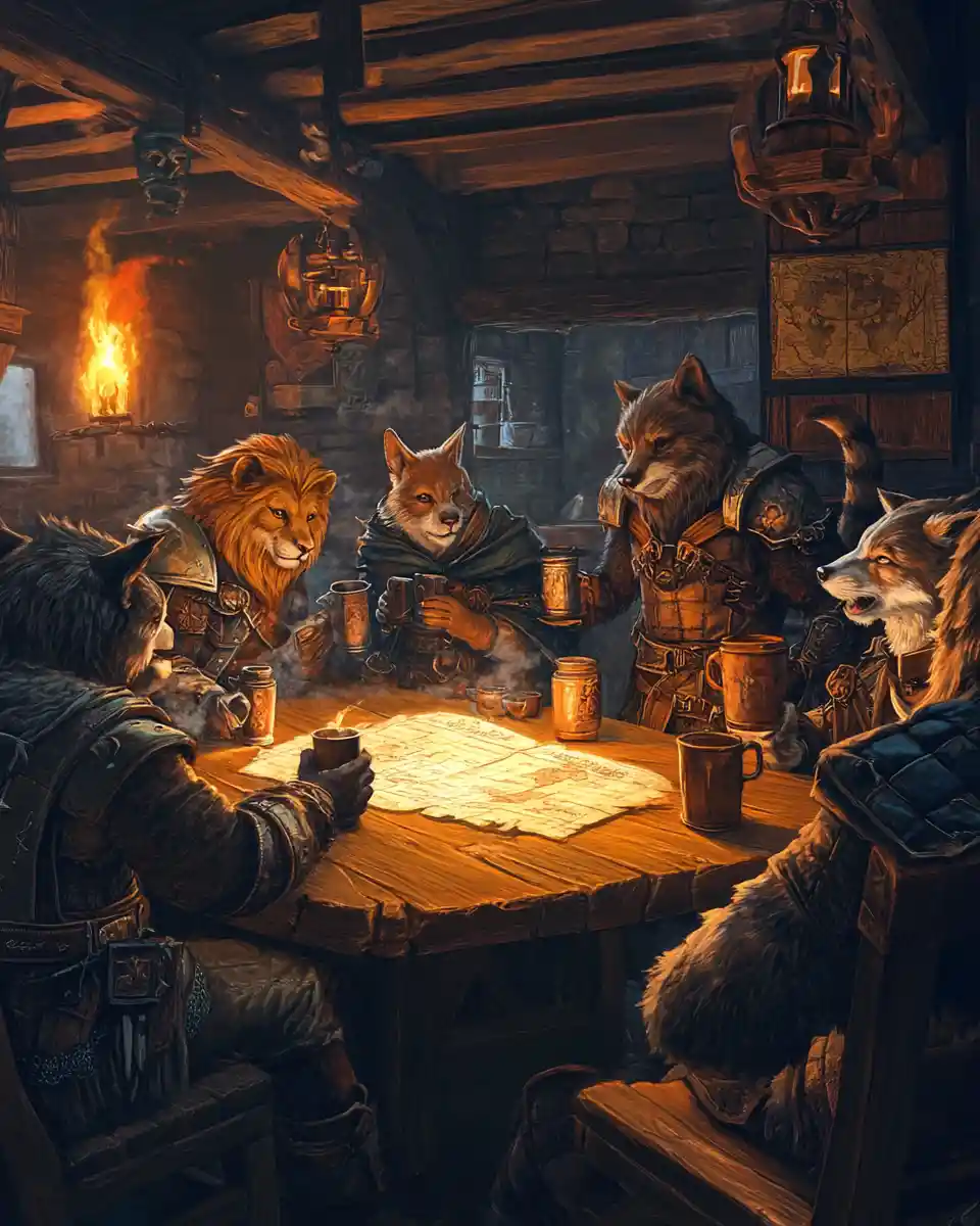 Anthropomorphic animal adventurers gathered in a fantasy tavern