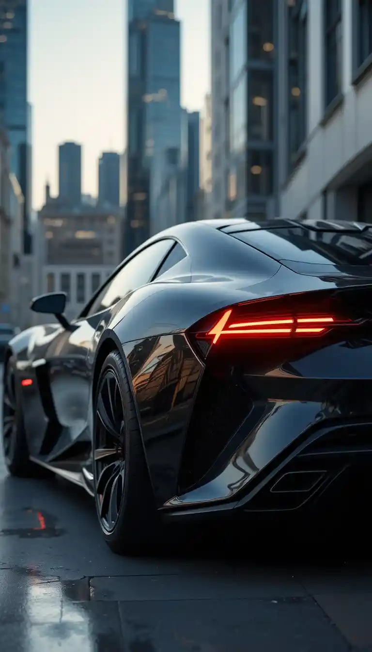Futuristic black car parked before glowing modern city skyline