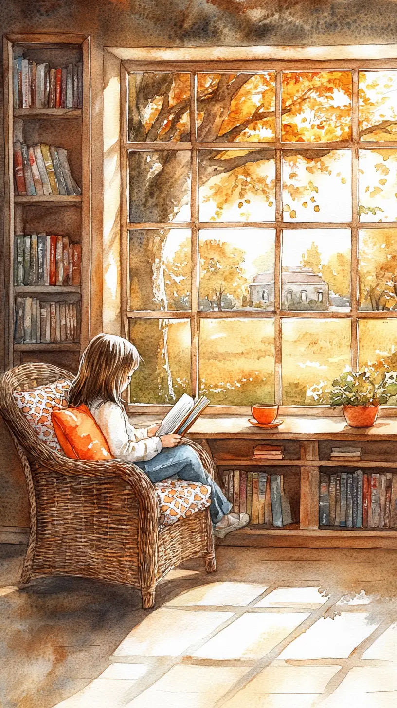Watercolor girl reading in a sunlit cozy reading nook