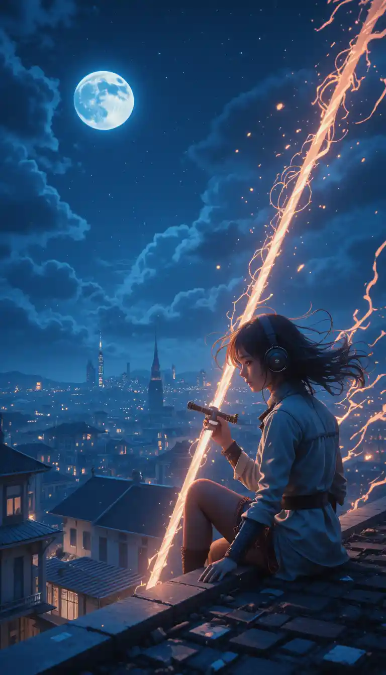 Anime-Kriegerin mit leuchtendem Schwert auf Fantasy-Schlachtfeld