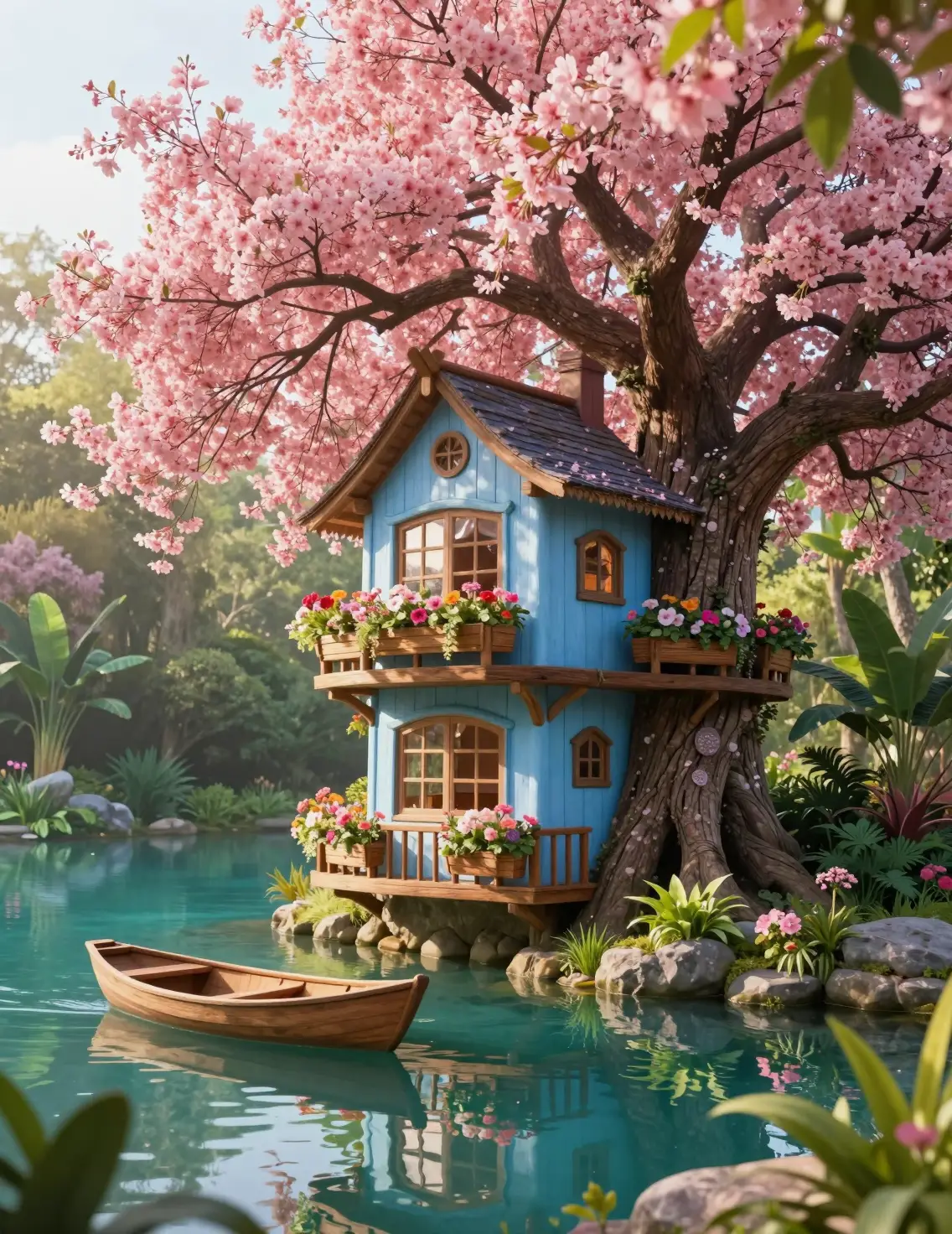 Whimsical blue treehouse above a tranquil turquoise pond