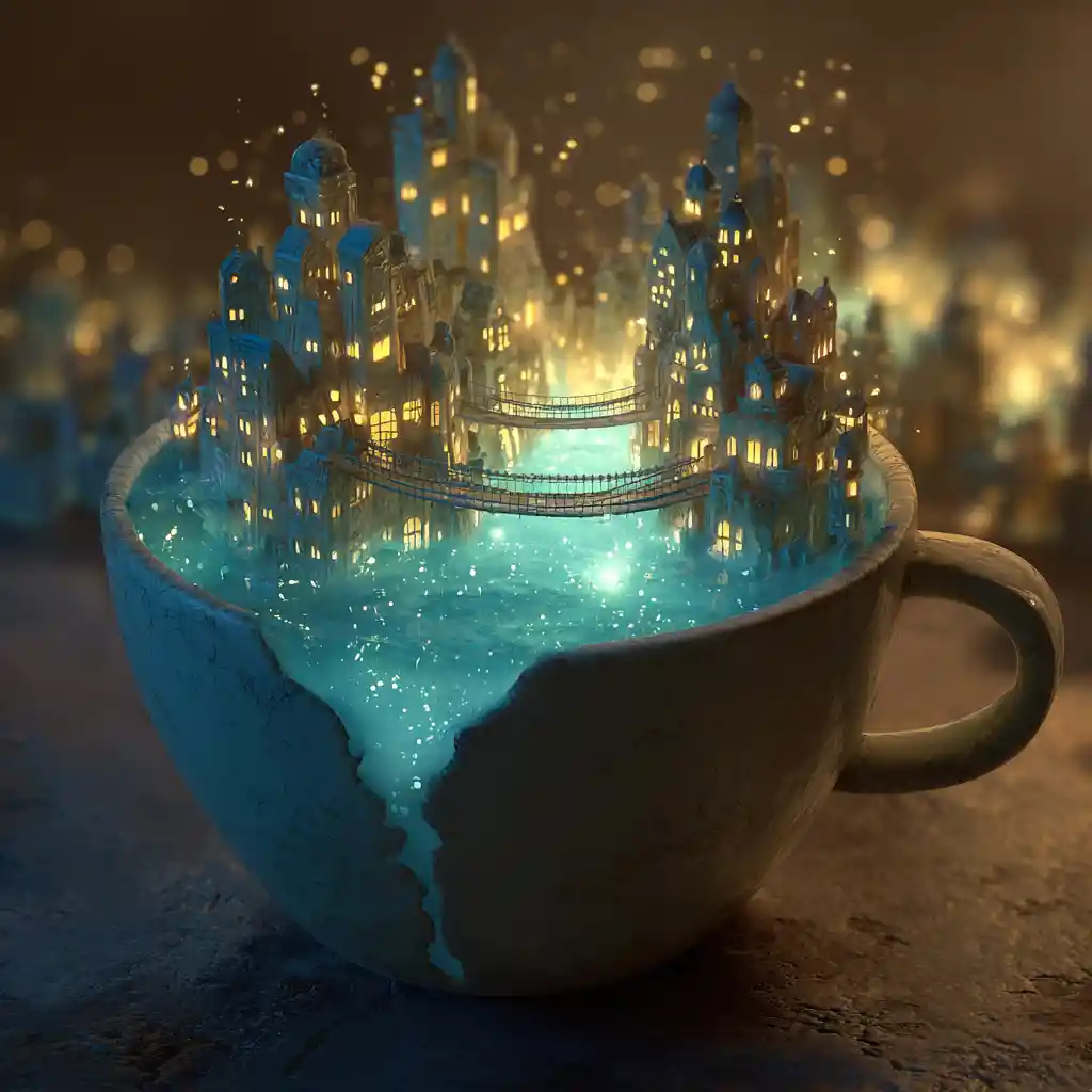 Città in Miniatura Bioluminescente Dentro di una Tazza da Tè Incrinata