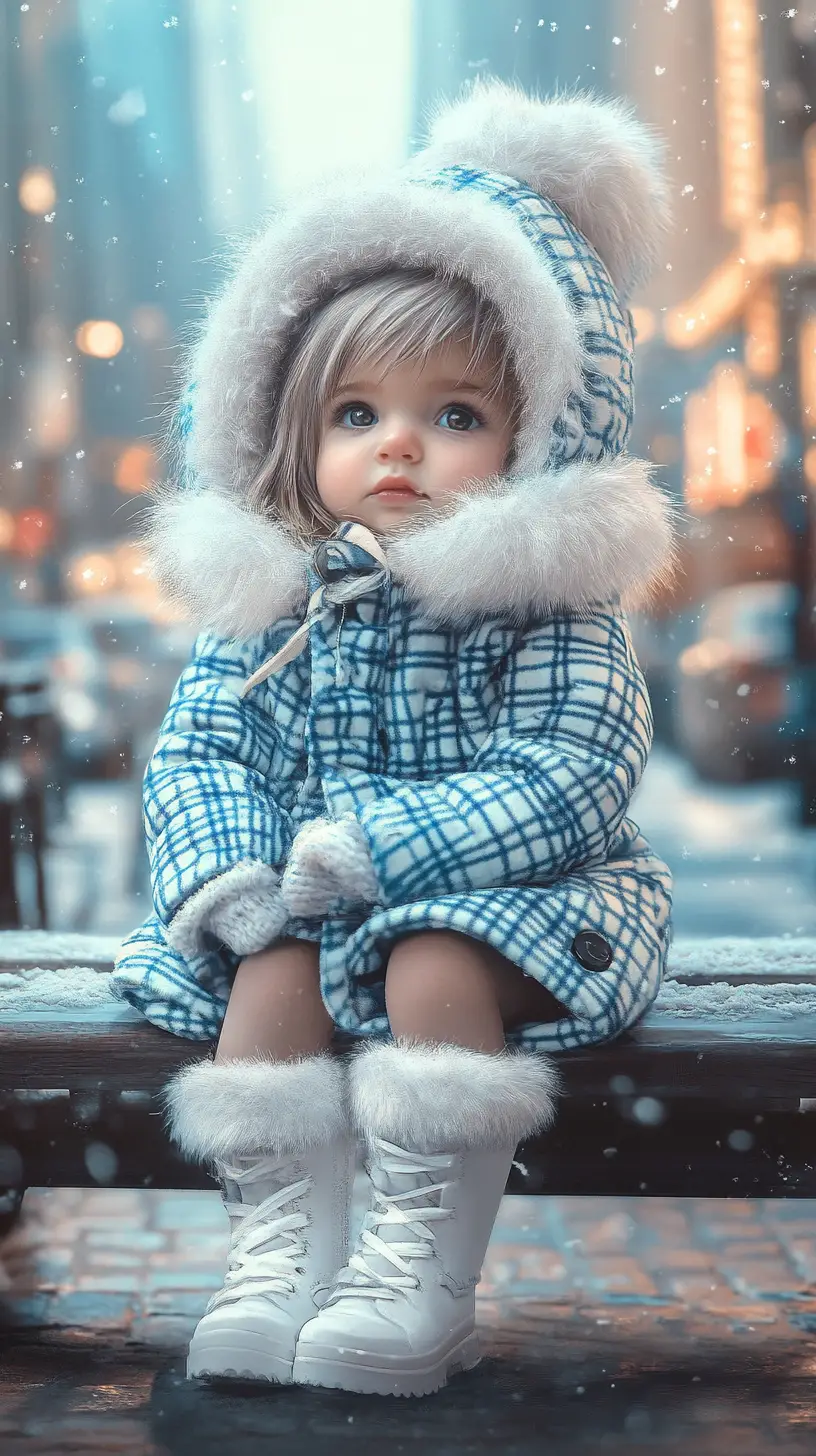 Cute baby girl in winter coat on city bench