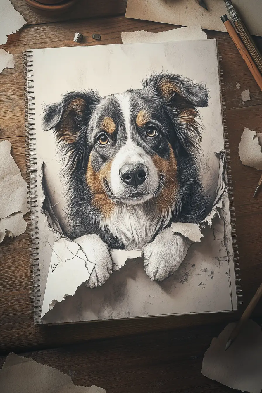 Australian Shepherd, der aus einem Skizzenbuch auf einem Holztisch hervorbricht