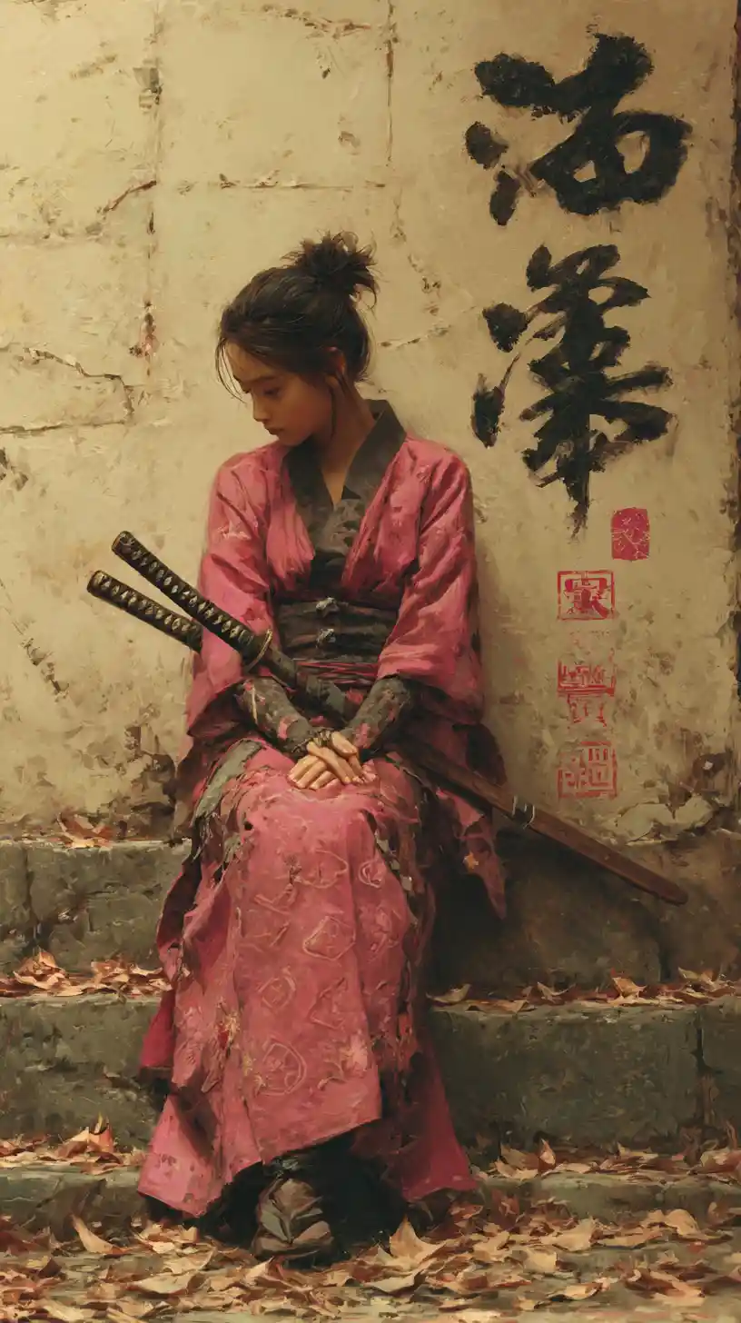 Woman in pink kimono holding katana on stone steps